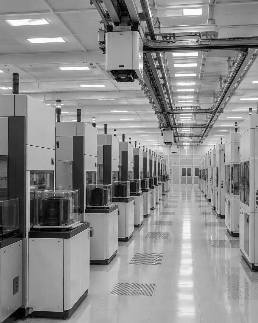 Rows of wafer processing equipment in a semiconductor cleanroom