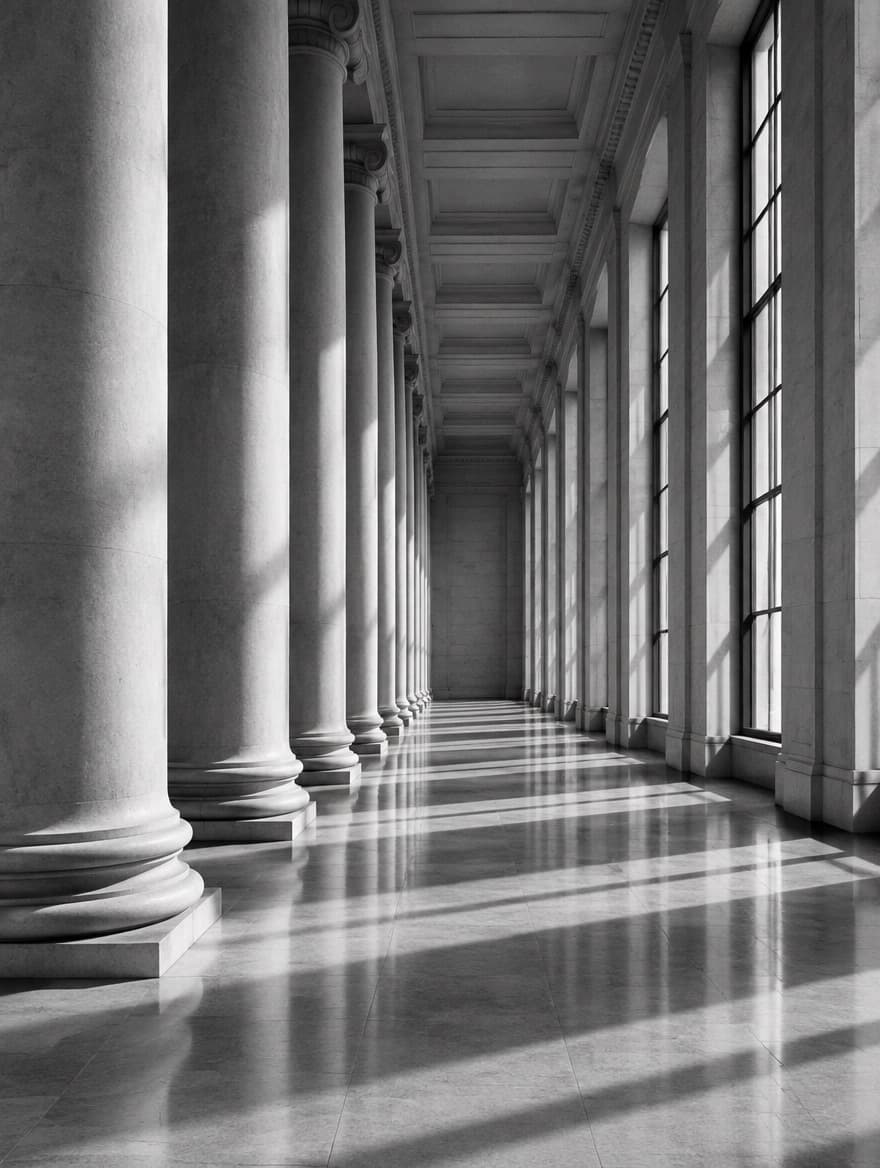 Empty colonnade inside a monumental government building