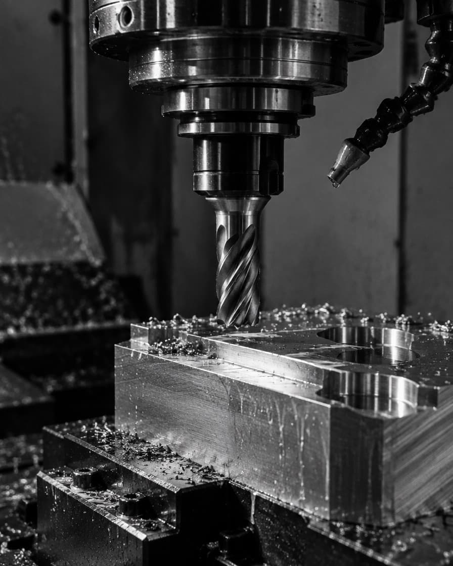 Close detail of a CNC spindle above a machined metal workpiece
